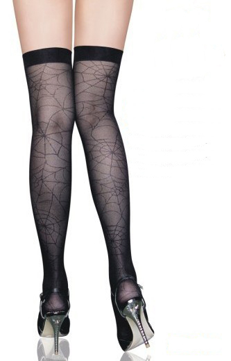 Black Thigh High Stockings with Spider Web Design